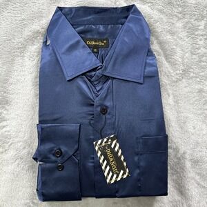 DiBanGu Silk Blend Button Up Shirt Men's XL Collar Long Sleeve Navy Blue NEW